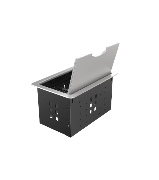 Прямоугольный металлический корпус Wize Pro WRTS-12BOX-S для модульной системы врезного лючка в стол с откидывающейся крышкой, до12 модулей-вставок, беспроводная зарядка 10Вт для моб.устройств на крышке, преустановленная рамка,серебр.