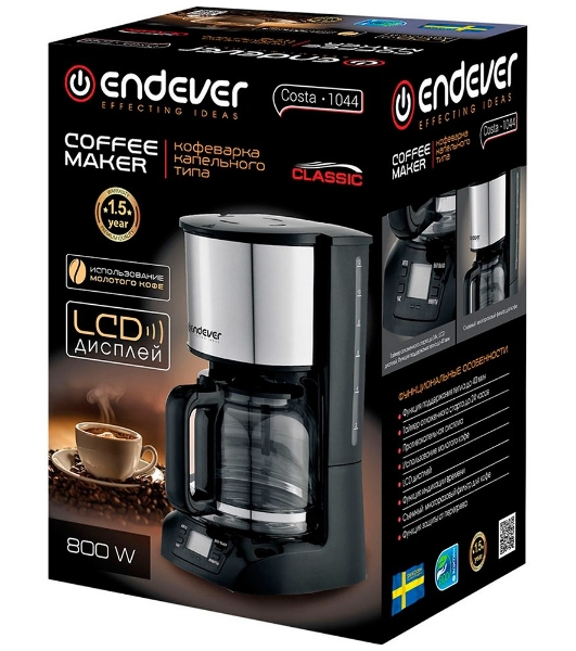 Кофеварка капельного типа Endever Costa-1044, мощность 800 Вт, -стальной/черный, объем 1,5л, LCD дисплей, по 4 шт/уп