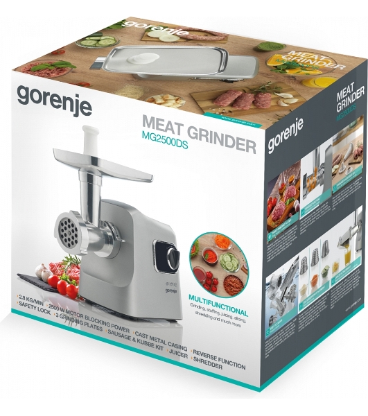 Мясорубка электрическая Gorenje MG2500DS серый, 2500 Вт, 2.8 кг/мин, реверс, защита от перегрузки, металлический лоток, насадки - 8