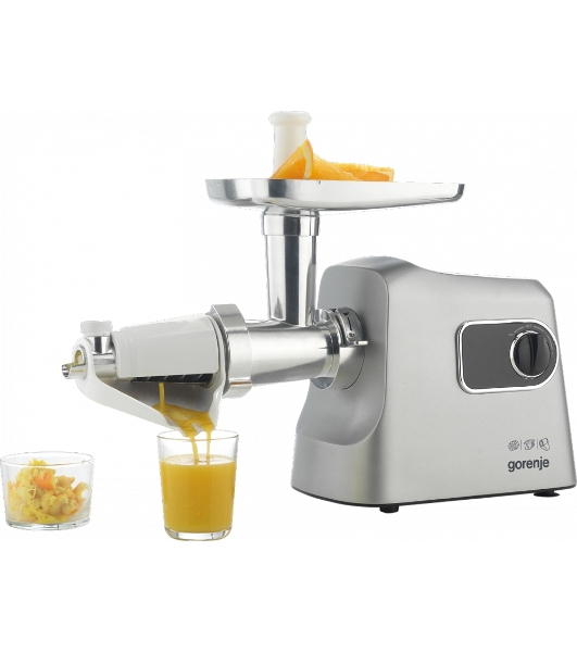 Мясорубка электрическая Gorenje MG2500DS серый, 2500 Вт, 2.8 кг/мин, реверс, защита от перегрузки, металлический лоток, насадки - 8