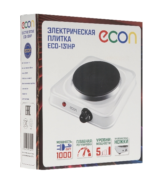 Плита настольная электрическая ECON ECO-131HP белый, 1 кВт, ТЭН, конфорки - 1, эмаль, поворотные переключатели