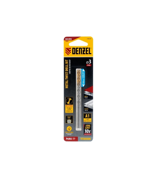 Сверло спиральное по металлу Denzel 3 х 100 мм, Р6М5, Golden Tip, удлиненное, 2 шт.