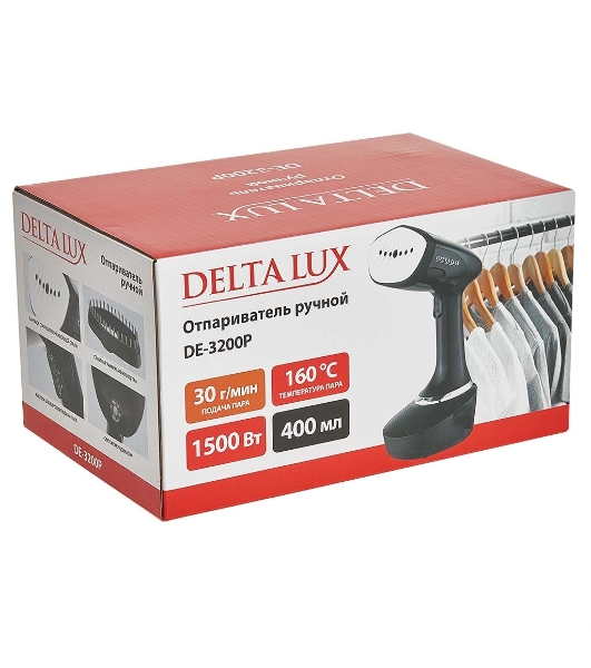 Отпариватель Delta LUX DE-3200P черный, 1500 Вт, 30 г/мин, 400 мл