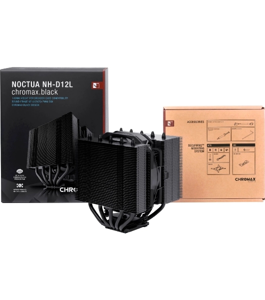 Кулер для процессора Noctua NH-D12L chromax черный, 120 мм, медь, 0-2000 об/мин, 22.6 дБ, 4 pin PWM, 148 Вт, высота 145 мм