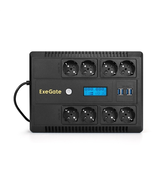 Источник бесперебойного питания ExeGate NEO Smart LHB-650.LCD.AVR.8SH.CH.RJ.USB 650VA/390W, LCD, AVR, 8*Schuko, RJ45/11, USB, 4*USB-порта для зарядки, черный