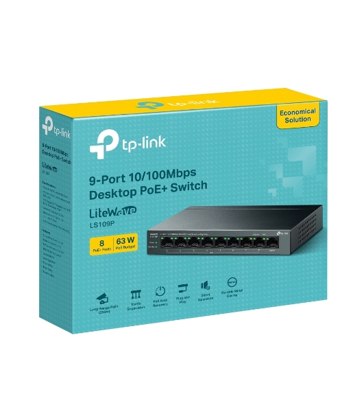 Коммутатор настольный TP-Link LS109P с 9 портами 10/100 Мбит/с (8 портов PoE+)