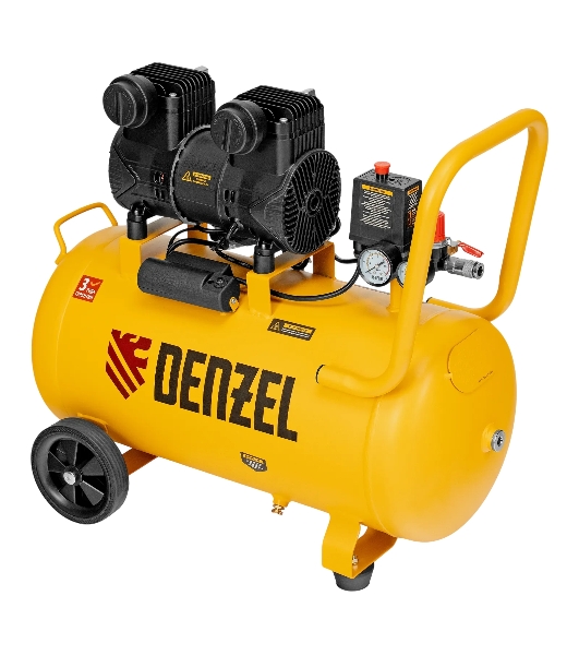 Компрессор безмасляный малошумный Denzel DLP-1500/50, 1,5 кВт, 50 л, 2850 об/мин, 250 л/мин