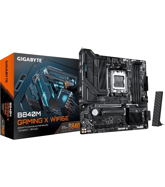 Материнская плата Gigabyte B840M GAMING X WIFI6E, AM5, AMD B840, 4xDDR5, 4xSATA, 2xM.2, 1xPCIe 4.0 x16, 1xPCIe 3.0 x16, 1xHDMI, 2xDP, 1x2.5Gb LAN, Wi-Fi 6E, Bluetooth 5.3, 1xUSB-C 5Gbps, 2xUSB-A 5Gbps, 4xUSB-A 2.0, 1xPS/2, 3x3.5 мм, 7.1, mATX