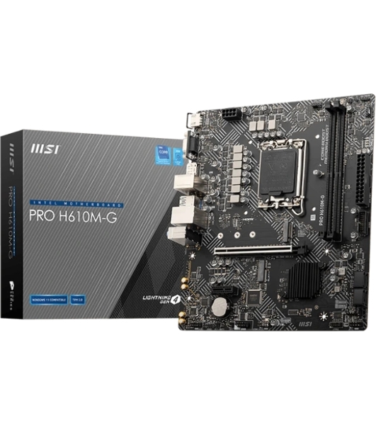 Материнская плата MSI PRO H610M-G OEM LGA 1700, Intel H610, 2xDDR5, 4xSATA, 1xM.2 (PCIe 3.0 x4), 1xPCIe 4.0 x16, 2xPCIe x1, 1xVGA, 1xHDMI, 1xDP, 1x1Gb LAN, 4xUSB-A 5Gbps, 2xUSB-A 2.0, 1xPS/2, 3x3.5 мм, 7.1, чёрный, mATX