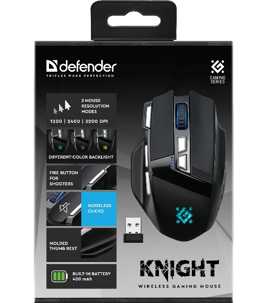 Мышь беспроводная Defender Knight GM-885 черный, 3200 dpi, радиоканал, USB, кнопки - 8