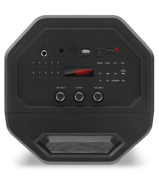 Мобильные колонки SVEN PS-655 2.0 черные (2x25W, mini Jack, USB Type-C, USB flash, Bluetooth, FM, micro SD, ПДУ, LED экран, 4400 мA, RGB подсветка)