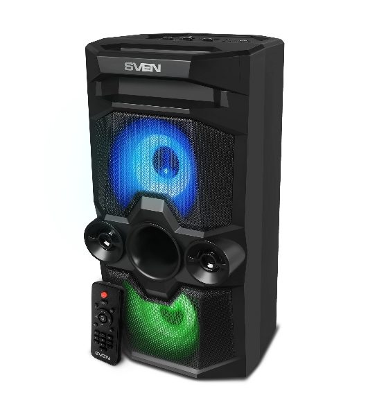 Мобильные колонки SVEN PS-655 2.0 черные (2x25W, mini Jack, USB Type-C, USB flash, Bluetooth, FM, micro SD, ПДУ, LED экран, 4400 мA, RGB подсветка)