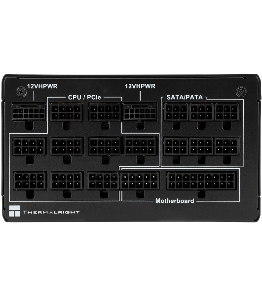 Блок питания Thermalright, 1350W 80+ Platinum (ATX, 3.0, PCIe 5.0, Full modular, 1x24(20+4)pin 600мм, 2xCPU 8(4+4)pin, 2xPCIe*2 8(6+2)pin, 2x12VHPWR PCIe 5.0 12+4pin 600мм, 6xSATA, 5xMOLEX4pin, Active, 120x120мм, 170x150x86мм, OPP, OVP, OTP, OCP, SCP, черный)