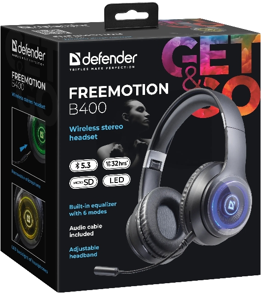 Гарнитура Defender FreeMotion B400 чёрный, беспроводная, Bluetooth, до 32 ч, подсветка