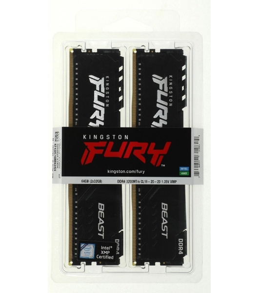 Оперативная память Kingston Fury Beast, DDR4, 64GB (2x32GB), 3200MHz, CL16, DIMM, черный