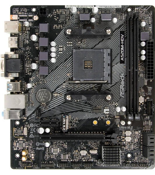 Материнская плата ASRock A520M-HDV, AMD A520, 2x1x M.2 , 1x PCI-E x16, 1x PCI-E x1, 1x D-Sub есть, 1x HDMI есть, 1x DVI есть, 1x DP нет, 1x 1Gb LAN Wi-Fi нет, BT нет, 2x USB 2.0, 2x USB 3.2 Gen1, 7.1, microATX