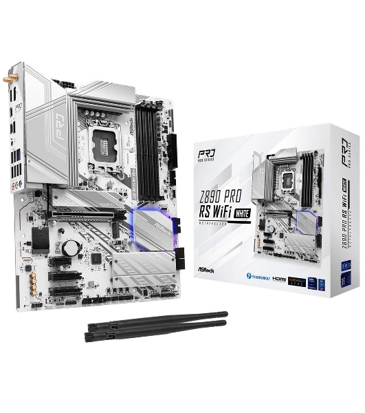 Материнская плата ASRock Z890 Pro RS WiFi белый, LGA 1851, Intel Z890, 4xDDR5, 4xSATA, 4xM.2, 1xPCIe 5.0 x16, 2xPCIe 4.0 x16, 1xPCIe x1, 2xUSB-C Thunderbolt 4, 4xUSB-A 3.2 Gen 1, 1xUSB-A 3.2 Gen 2, 1xHDMI, 1xDP, 1x2.5Gb LAN, 5x3.5 мм, 7.1, ATX
