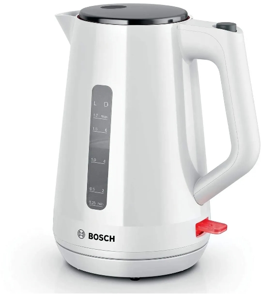Электрочайник Bosch TWK1M121 белый, 1.7 л, 2400 Вт, скрытый нагревательный элемент
