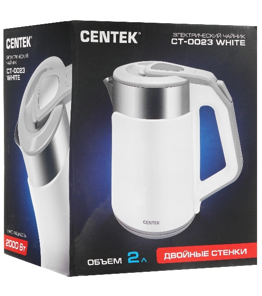 Электрочайник Centek CT-0023 белый, 2.0 л, 2000 Вт, скрытый нагревательный элемент
