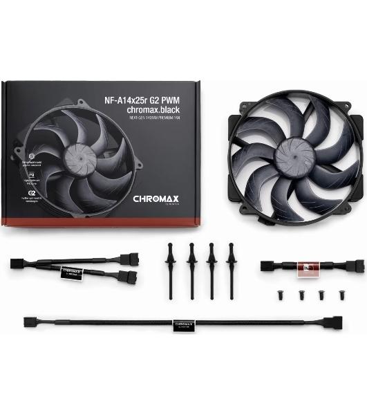 Вентилятор корпусной Noctua NF-A14x25r G2 PWM chromax.black, 140 мм, 1500 об/мин, 22.8 дБ, 4-pin PWM, без подсветки, черный