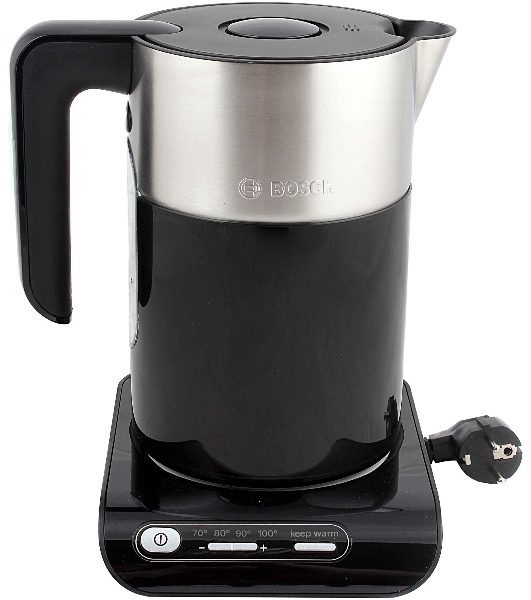 Электрочайник Bosch TWK8613 черный/серебристый, 1.5 л, 2400 Вт, скрытый нагревательный элемент, поддержание температуры