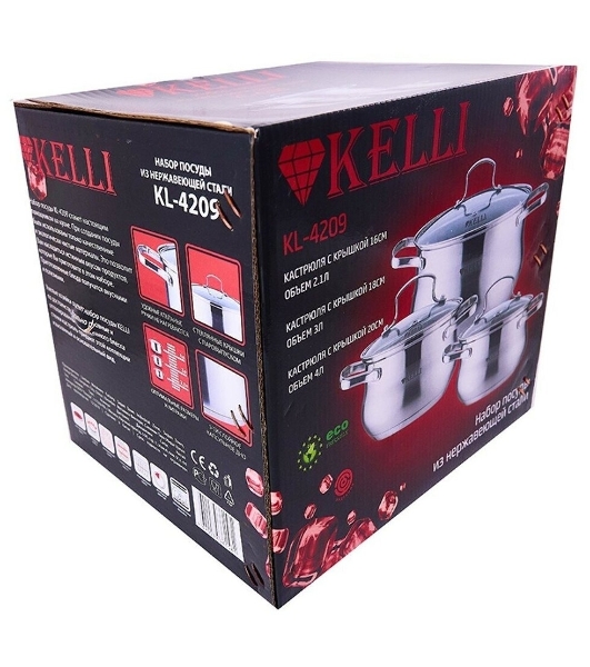Набор посуды Kelli KL-4209 6 пред. Кастрюля с жаропрочной стекл. крышкой 2.1 л. Кастрюля с жаропрочной стекл. крышкой 3 л. Кастрюля с жаропрочной стекл. крышкой 4 л. Высококачественная нерж. сталь 18/10. 5-ти слойное капсульное дно.