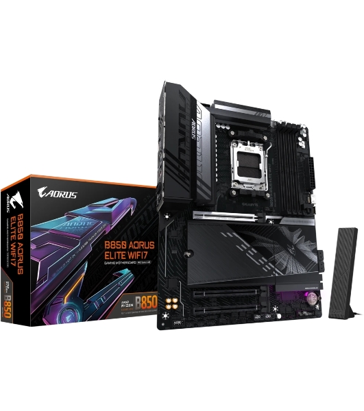 Материнская плата Gigabyte B850 AORUS ELITE WIFI7 rev. 1.1, AM5, AMD B850, 4xDDR5, 4xSATA, 3xM.2, 1xPCIe 5.0 x16, 2xPCIe 3.0 x16, 1xDP, 1x2.5Gb LAN, Wi-Fi 7, Bluetooth 5.4, 1xUSB-C 10Gbps, 2xUSB-A 10Gbps, 5xUSB-A 5Gbps, 4xUSB-A 2.0, 3x3.5 мм + S/PDIF оптический, 7.1, ATX