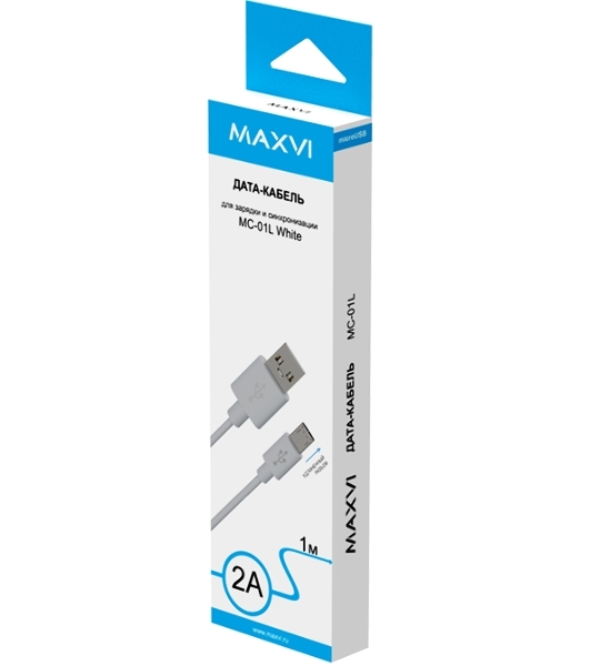 Кабель Maxvi MC-01L white USB-A - microUSB, 2A ток макс. нагрузки 2А, макс. напряжение 5V; стандарт USB 2.0; длина разъема microUSB 8,9 мм, длина кабеля 1м, материал PVC, белый
