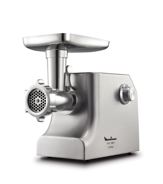 Мясорубка электрическая Moulinex ME858D32 серебристый, 2100 Вт, 5.5 кг/мин, реверс, защита от перегрузки, насадки - 8