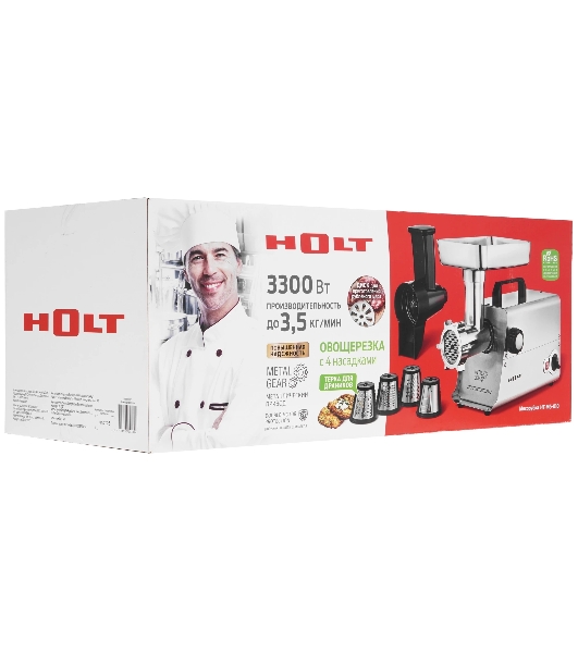 Мясорубка электрическая HOLT HT-MG-010 серый, 3300 Вт, 3.5 кг/мин, реверс, насадки - 4