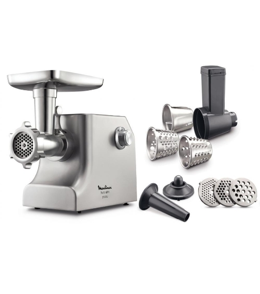 Мясорубка электрическая Moulinex ME858D32 серебристый, 2100 Вт, 5.5 кг/мин, реверс, защита от перегрузки, насадки - 8
