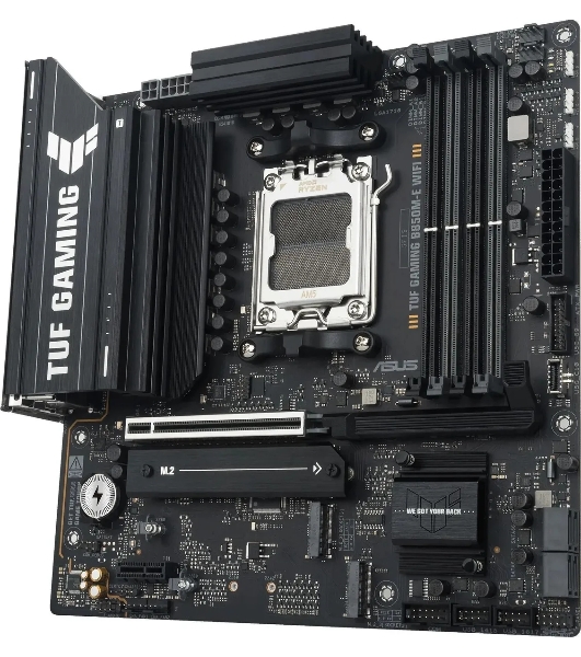 Материнская плата ASUS TUF GAMING B850M-E WIFI, AM5, AMD B850, 4xDDR5, 4xSATA, 3xM.2, 1xPCIe 5.0 x16, 1xPCIe 3.0 x1, 1xHDMI, 2xDP, 1x2.5Gb LAN, Wi-Fi 6E, Bluetooth 5.3, 1xUSB-C 10Gbps, 1xUSB-A 10Gbps, 2xUSB-A 5Gbps, 4xUSB-A 2.0, 3x3.5 мм, 7.1, mATX