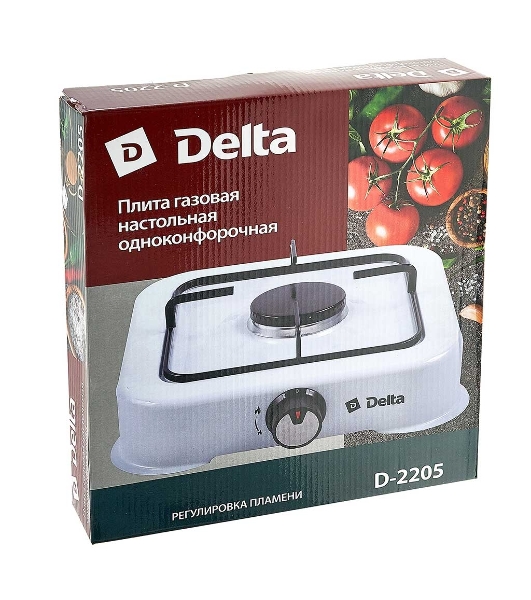 Плита настольная газовая Delta D-2205 белый, 2.2 кВт, газ, конфорки - 1, эмаль, поворотные переключатели