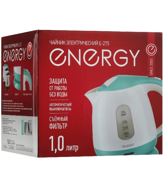 Электрочайник Energy E-275 белый/бирюзовый, 1 л, 1100 Вт, скрытый нагревательный элемент