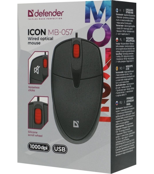 Мышь проводная Defender Icon MB-057 черный, 1000 dpi, USB, кнопки - 3