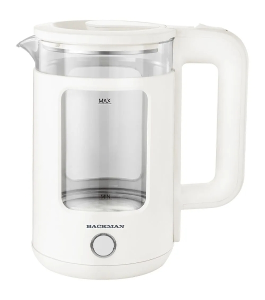 Электрочайник BACKMAN BM-TEA 716 прозрачный/белый, 1.8 л, 2200 Вт, скрытый нагревательный элемент