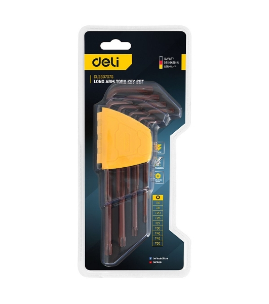 Ключ Deli Набор шестигранных ключей ';TORX'; удлиненных Deli DL230707G 9 шт S2, размеры T10,T15,T20,T25,T27,T30,T40,T45,T50, пластиковый держатель