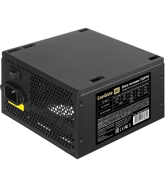 Блок питания ExeGate 750PPE, 750W, (ATX, APFC, PC, КПД 80% (80 PLUS), 12cm fan, 24pin, 2x(4+4)pin, 4xPCI-E, 6xSATA, 3xIDE, черный, кабель 220V в комплекте 1,8м)