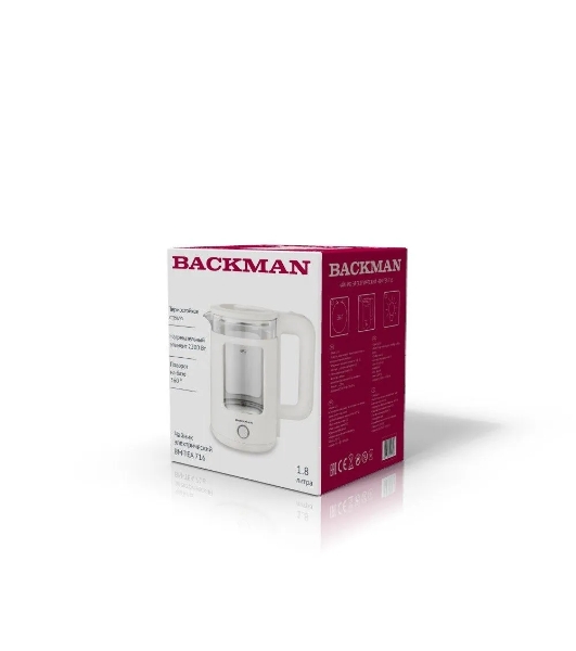 Электрочайник BACKMAN BM-TEA 716 прозрачный/белый, 1.8 л, 2200 Вт, скрытый нагревательный элемент