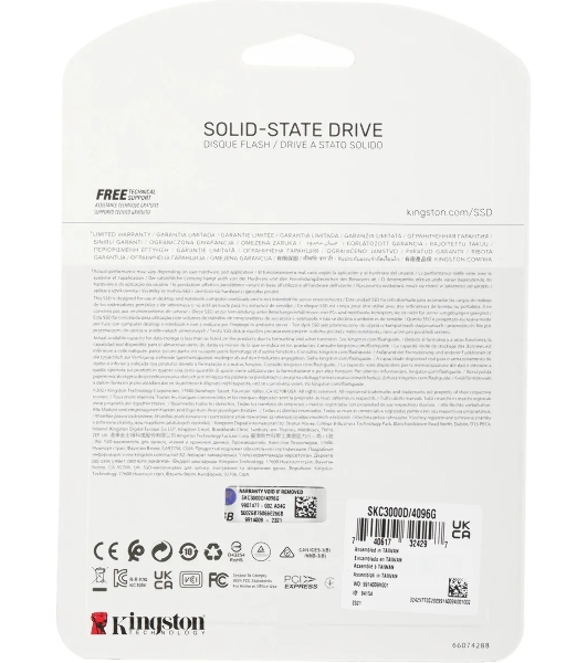 Накопитель SSD Kingston KC3000, 4Tb, PCIe 4.0 x4, M.2 2280, NVMe, R/W 7000/7000, с радиатором