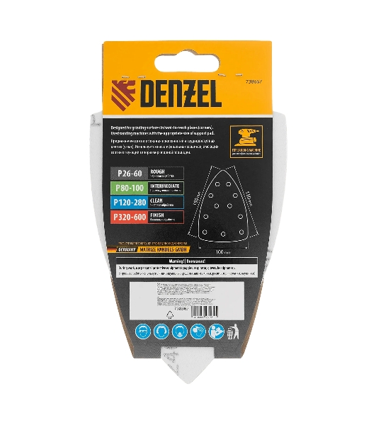 Треугольник абразивный Denzel на ворc. подложке под 'липучку', перф., P 240, 150х150х100 мм, 5 шт.