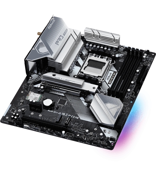 Материнская плата ASRock B650 Pro RS WiFi, AM5, AMD B650, 4xDDR5, 4xSATA, 3xM.2, 1xPCIe 4.0 x16, 1xPCIe 3.0 x16, 1xPCIe 3.0 x1, 1xHDMI, 1xDP, 1x2.5Gb LAN, Wi-Fi 6E, Bluetooth 5.2, 1xUSB-C 10Gbps, 2xUSB-A 5Gbps, 6xUSB-A 2.0, 3x3.5 мм, 7.1, ATX