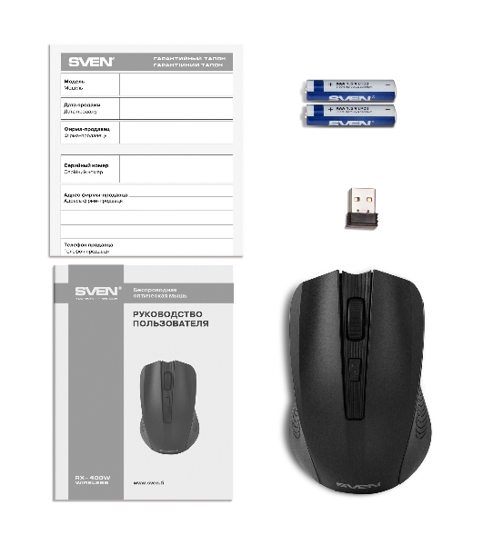 Мышь беспроводная SVEN RX-400W черный, 1400 dpi, радиоканал, USB, кнопки - 4