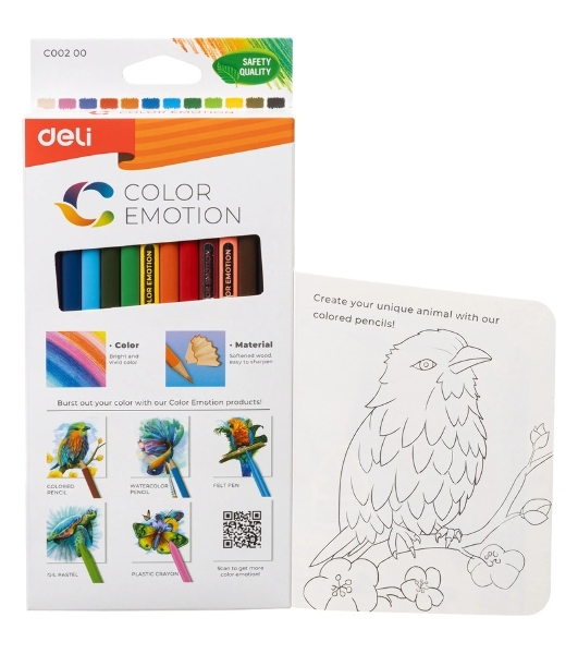 Карандаши цветные Deli EC00200 Color Emotion, трехгранный профиль, липа, 12 цветов, коробка с европодвесом (12шт)