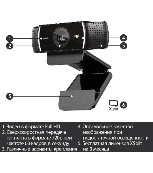 Веб-камера Logitech C922 Pro Stream 1920x1080, 30 кадр/с, USB Type-A, микрофон (2 шт, шумоподавление), автоматическая фокусировка, автоосвещение, универсальное крепление
