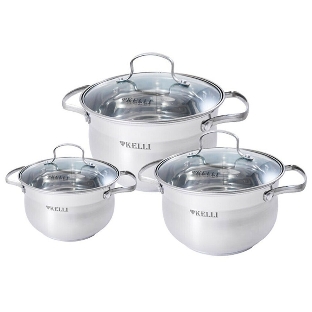 Набор посуды Kelli KL-4209 6 пред. Кастрюля с жаропрочной стекл. крышкой 2.1 л. Кастрюля с жаропрочной стекл. крышкой 3 л. Кастрюля с жаропрочной стекл. крышкой 4 л. Высококачественная нерж. сталь 18/10. 5-ти слойное капсульное дно.