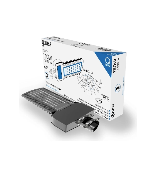 Светильник светодиодный уличный консольный Gauss Qplus LED ДКУ 150 Вт 18000 Лм 5000К IP65 120-260 В КСС Ш 535х260х64 мм