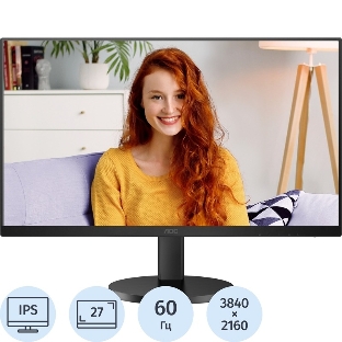 Монитор 27' AOC U27B3CF IPS 3840x2160, 60 Гц, 4 мс, 16:9, 350 кд/м², HDMI 2.0, USB-C, 3.5 Jack, USB Hub (2x USB 3.0), Adaptive-Sync, HDR10, динамики (2x2 Вт), черный