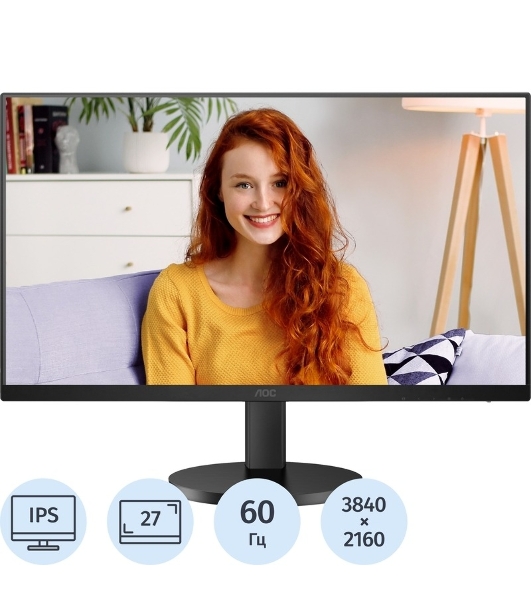 Монитор 27' AOC U27B3CF IPS 3840x2160, 60 Гц, 4 мс, 16:9, 350 кд/м², HDMI 2.0, USB-C, 3.5 Jack, USB Hub (2x USB 3.0), Adaptive-Sync, HDR10, динамики (2x2 Вт), черный