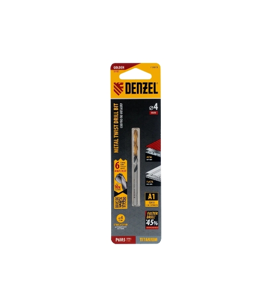 Сверло спиральное по металлу Denzel 4 x 75мм, Р6М5, Golden Tip, многогранная заточка